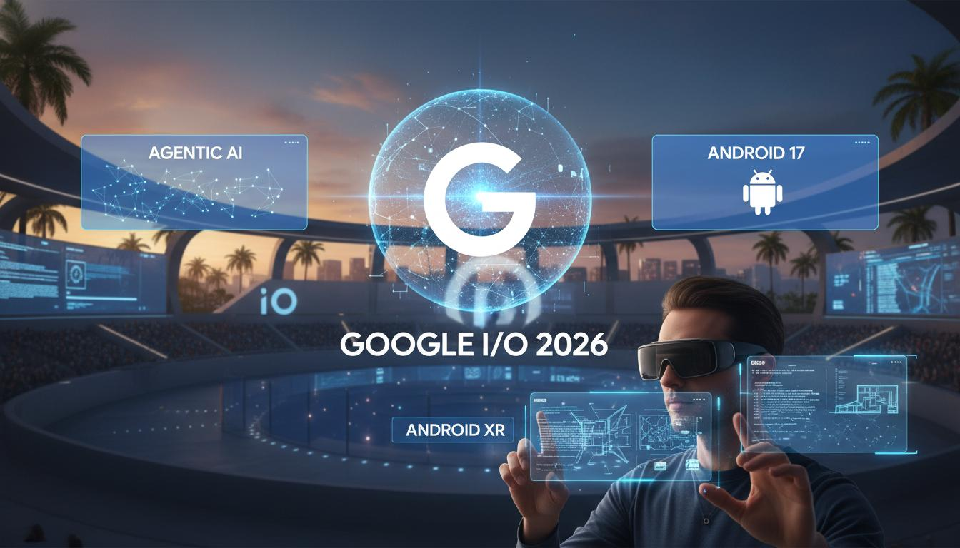 Conceptual visualization of a user wearing XR glasses interacting with AgentHands-style spatial AI guidance through floating holographic panels.