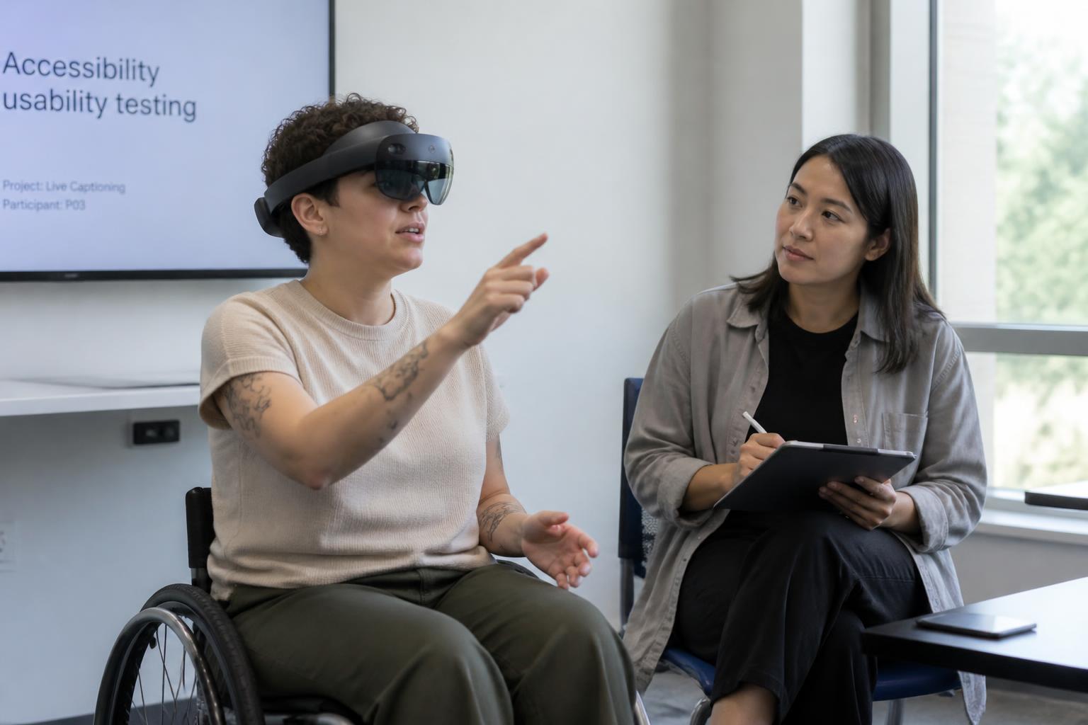 Accessibility usability testing session with a wheelchair user wearing a mixed-reality headset