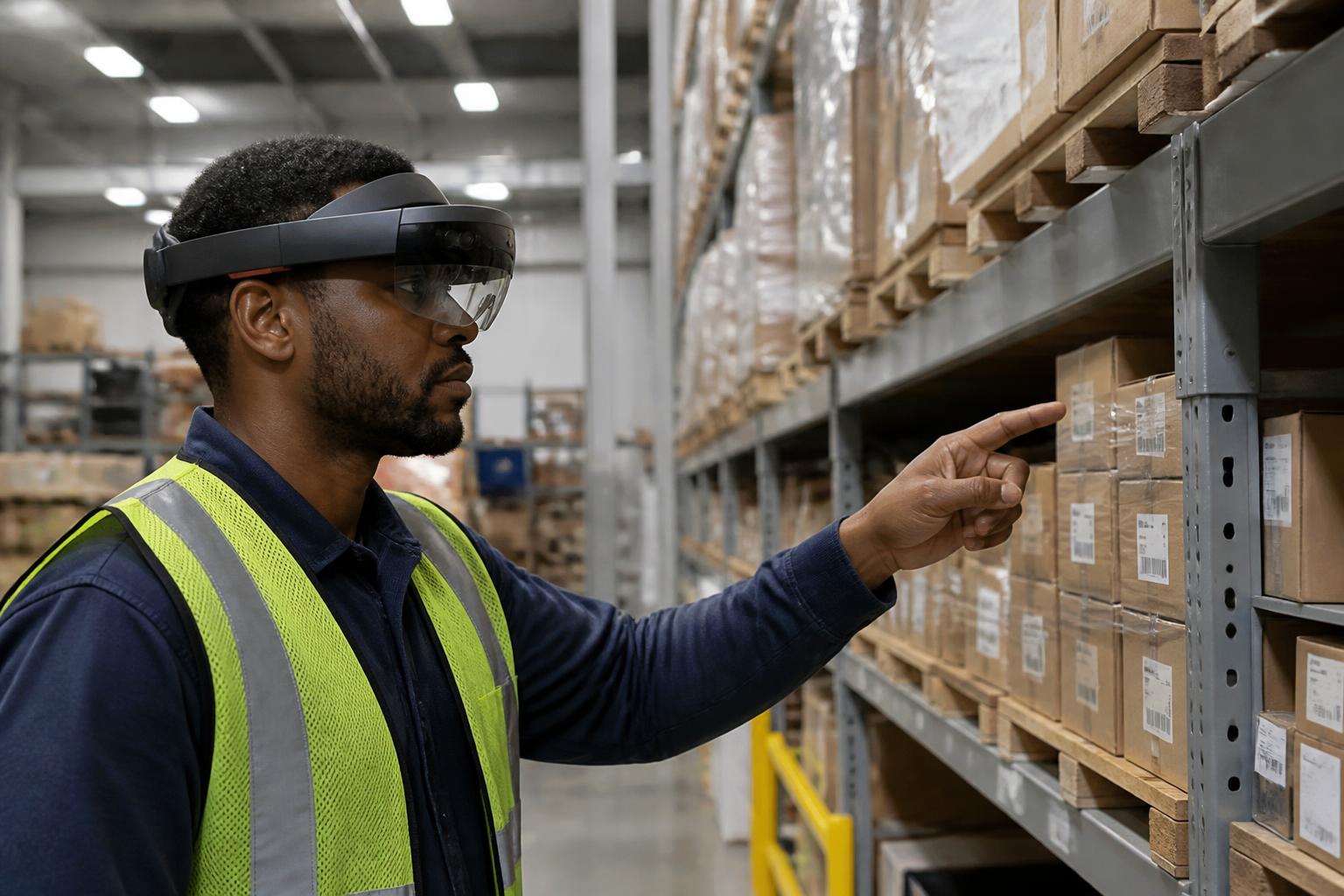 Warehouse worker using a mixed-reality headset to inspect inventory