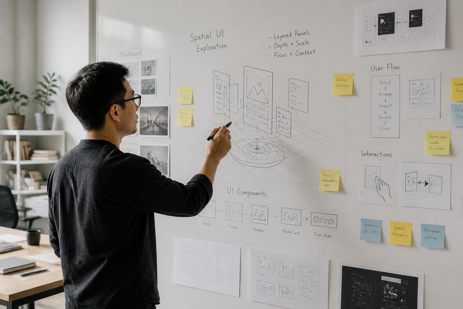 UX designer sketching spatial interface wireframes on a whiteboard