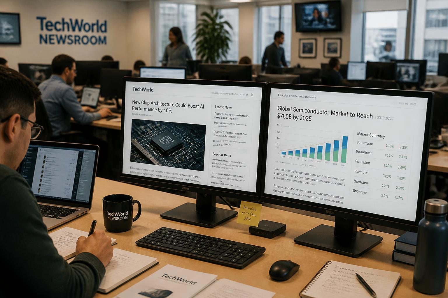 Tech newsroom with editors working at multiple monitors