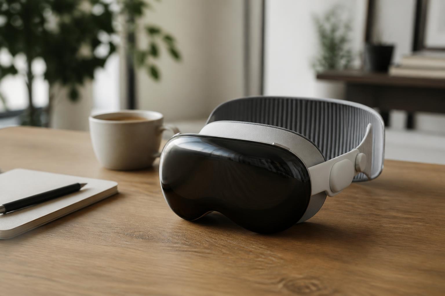 Apple Vision Pro on a minimalist wooden desk in natural light